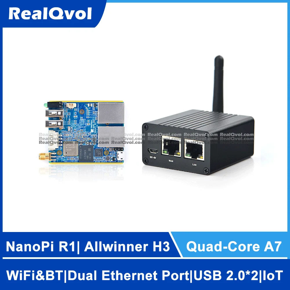 RealQvol FriendlyELEC NanoPi R1 Board Allwinner H3 Quad-Core A7 Dual Etuernet Port/WiFi/Bluetooth UbuntuCore/FriendlyWRT System