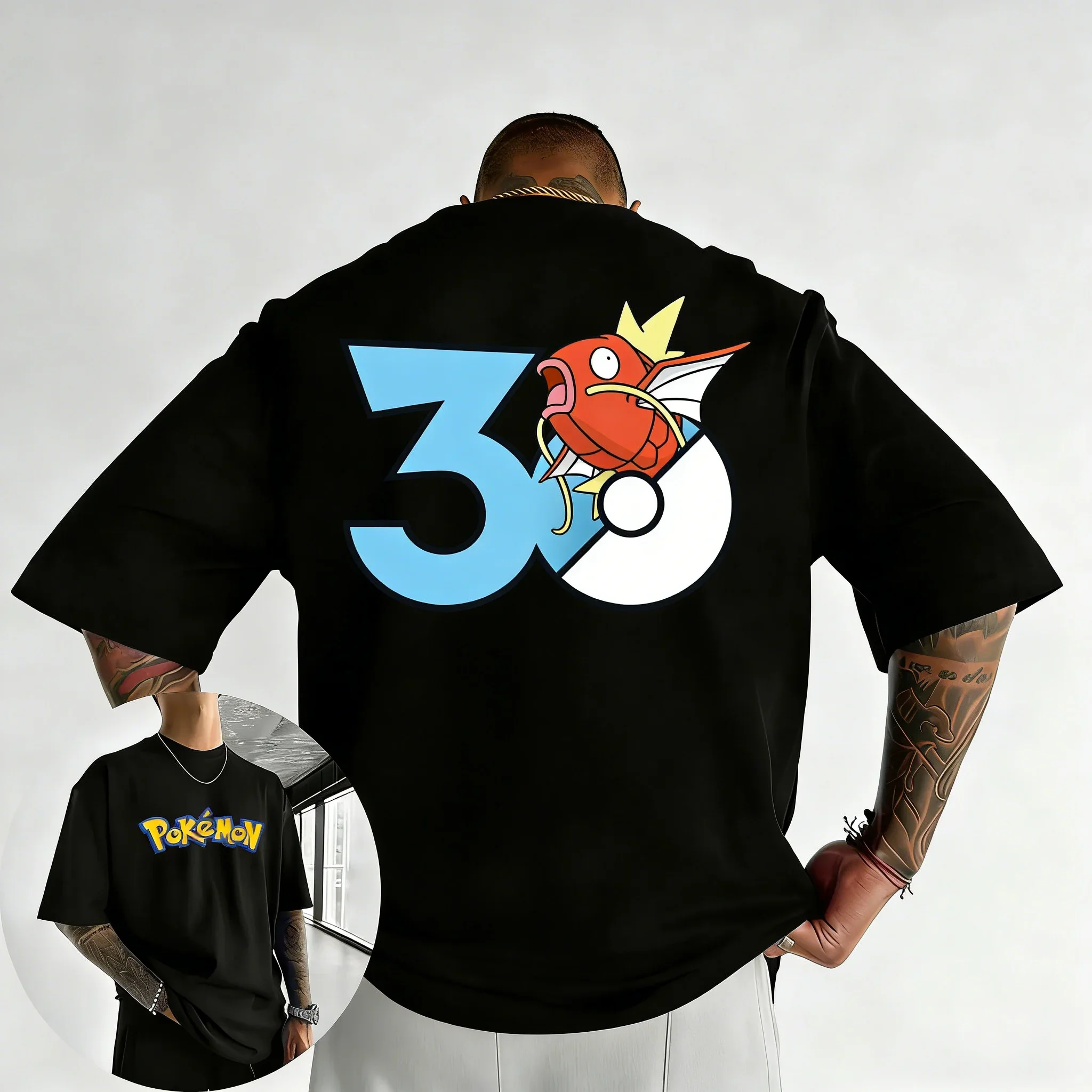 camiseta-estampada-pokemon-30º-aniversario-magikarp-2026-tendencia-verao-masculina-e-feminina-blusa-solta-casual-y2k-de-manga-curta