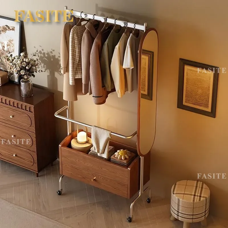 For Modern Simple Solid Wood Floor-to-Ceiling Movable Full-Length Mirror Coat Rack Bedroom Living Room Household Storage