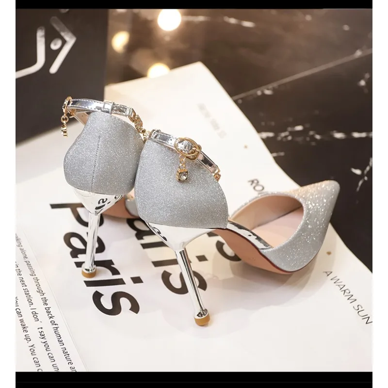 

2026Silver Stiletto High Heel Party Wedding Shoes Women Fashion Ankle Beaded Buckle Pointed Toe Pumps Women Shallow Mouth Pumps