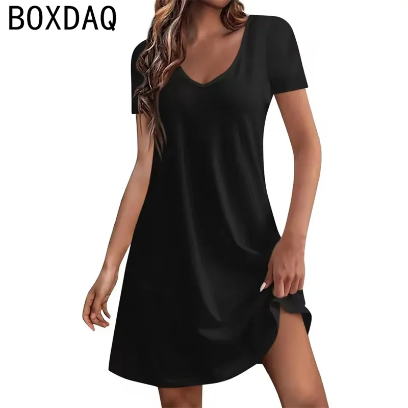 Robe d'été pour femmes, couleur unie, unie, ample, col en v, manches courtes, décontractée, ligne a, robe de plage, de vacances