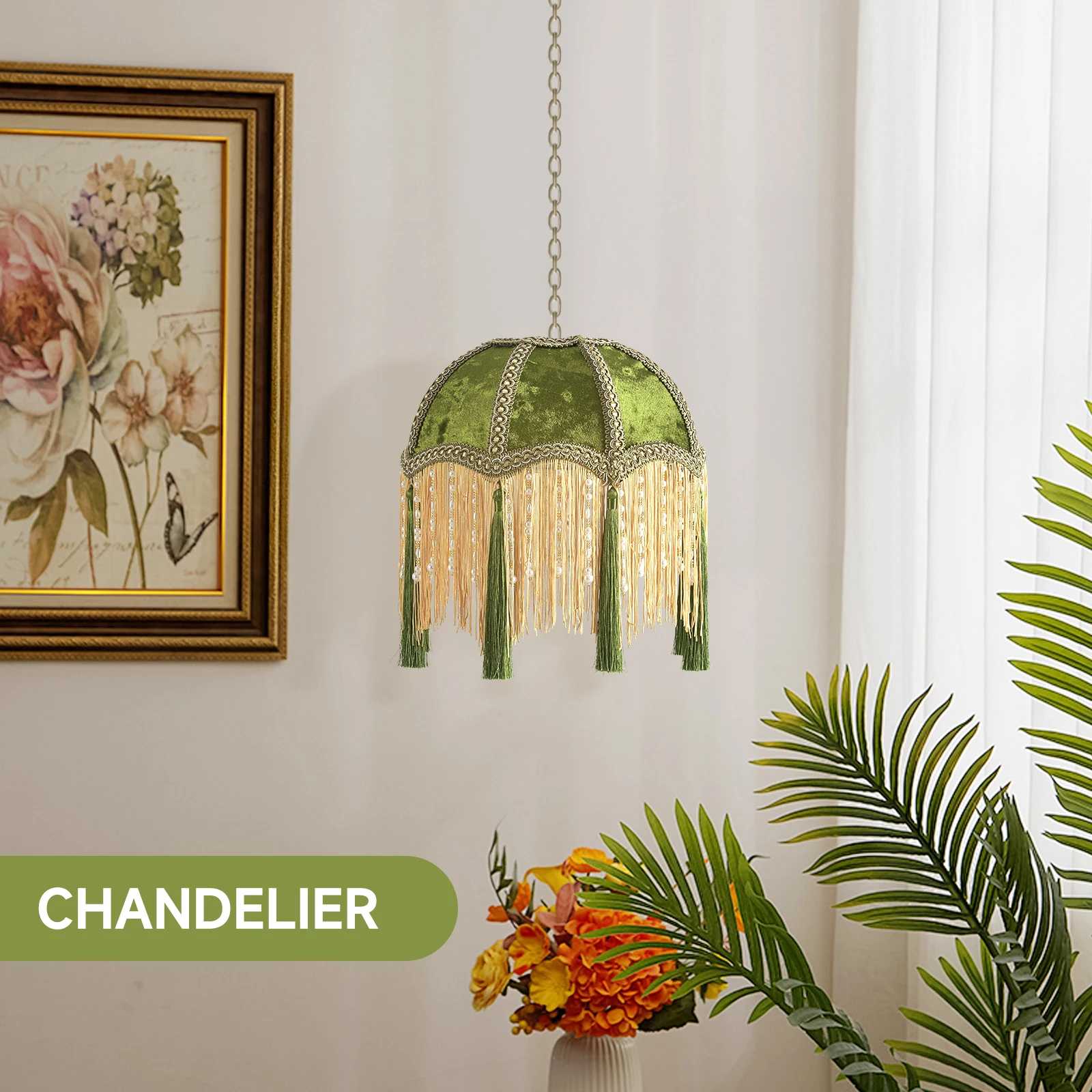 26cm Vintage Victorian Green Velvet Lamp Shade Replacement, Dome Shape Lampshade with Pearl Beaded Tassels and Green Fringe, Handmade Decor Fabric Lampshade for Table Lamp Wall Lamp Pendant Light Home Decor