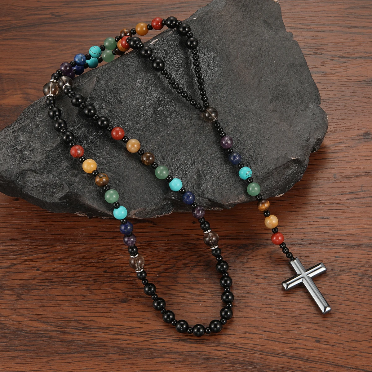 8mm colorful Beads Chakra Cross Pendant Necklace for Men and Women Jewelry Gift