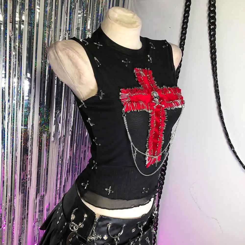 

Cross Gothic Tank Harajuku 90s Goth Y2K TOPS E-Girls Fashion Revival Hand Made Kawaii Pin Eco Grunge Punk Rock Emo DIY Teen