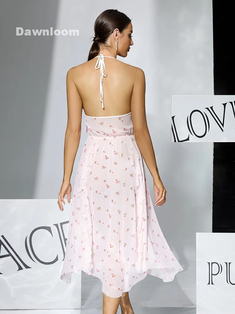 Light Pink Floral Halter Neck Ruffled Midi Nightgown for Women Open-Back French Romantic Style Gentle Home Loungewear
