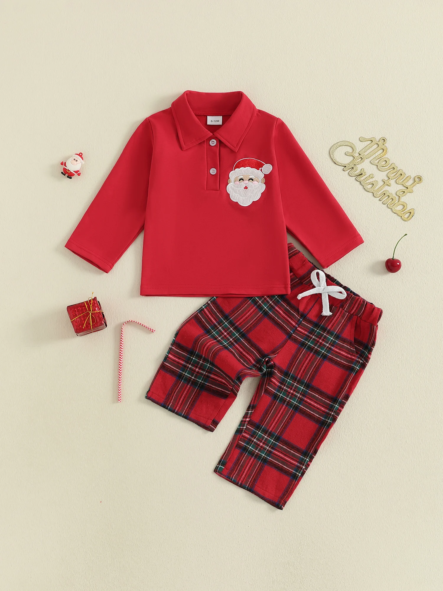 

Baby Boy Christmas Outfits Reindeer Applique Hoodie Drawstring Waist Plaid Pants 2 Piece Set for Winter Holiday