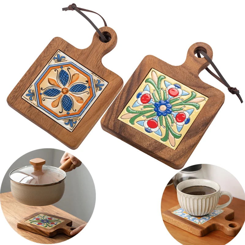 

Wooden Inlay Ceramic Tiles Pot Mats Acacia Wood Drink Coasters Trivet For Tea Coffee Pad Holder Kitchen Table Accessories Decor