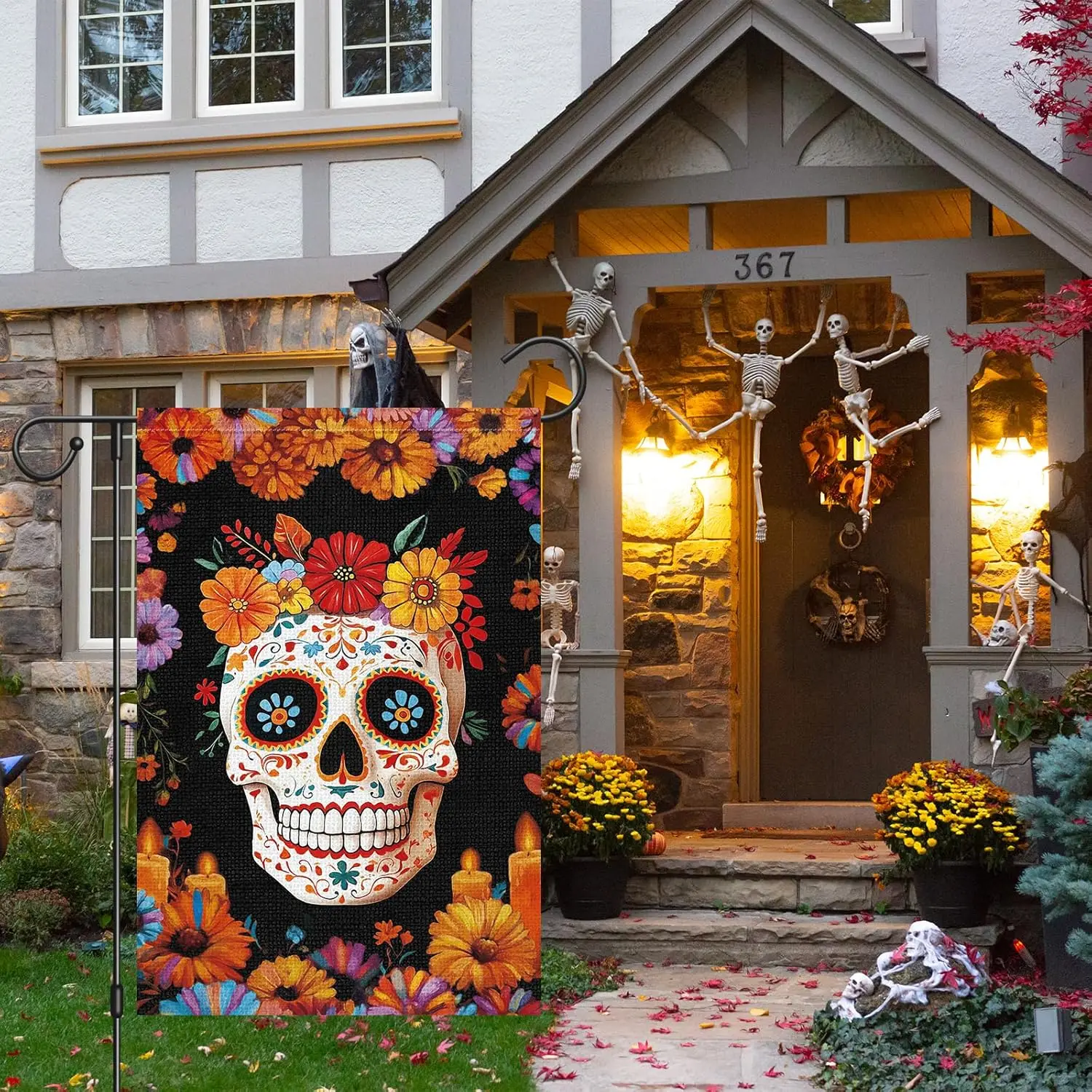 Heyfibro Day of the Dead Garden Flag 12x18 Inch Double Sided Burlap, Mexican Flower Daisy Skull Dia DE Los Muertos Yard Flag hhz