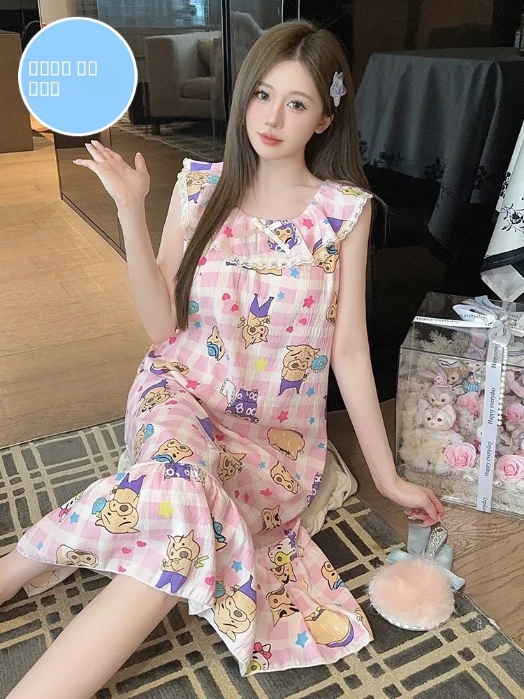 

Женская летняя хлопковая рубашка больших размеров Sp Dr с мультяшным принтом, удобная ночная рубашка с накладкой на грудь, домашняя одежда