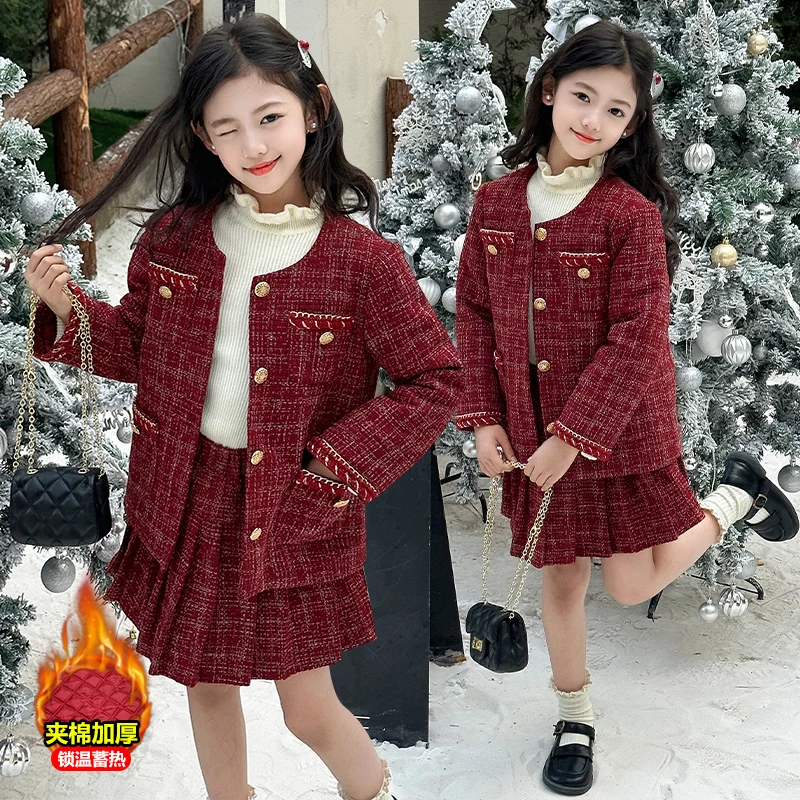 French teen girls JK skirts suit Thick cotton Round neck jacket+pleated skirt 2pcs chic junior kids clothes set child outfits