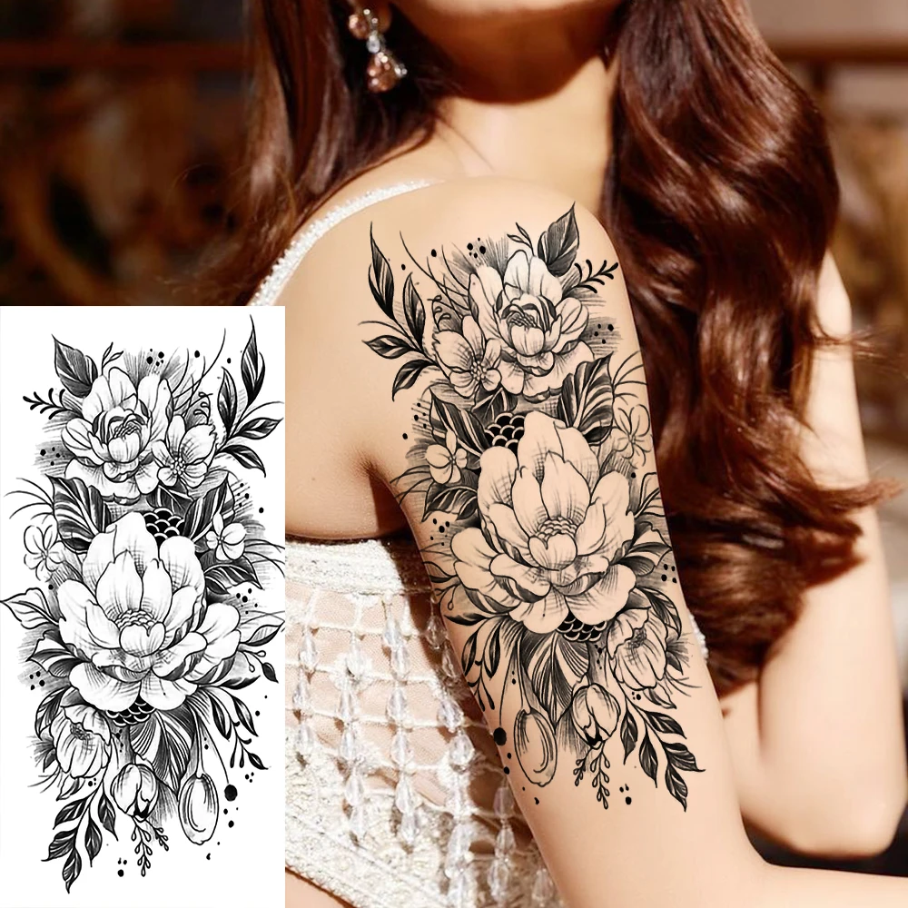 Black Peony Flower Sexy Boobs Temporary Tattoos For Women Adult Girl Rose Lion Moon Fake Tattoo Realistic Body Art Tatoos Paper