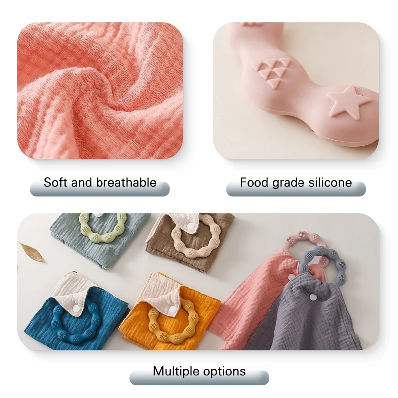 Baby Muslin Square Towel Bibs Silicone Teether Snap Button Newborn Soothe Appease Towel Cotton Baby Comforter Burp Cloth Blanket