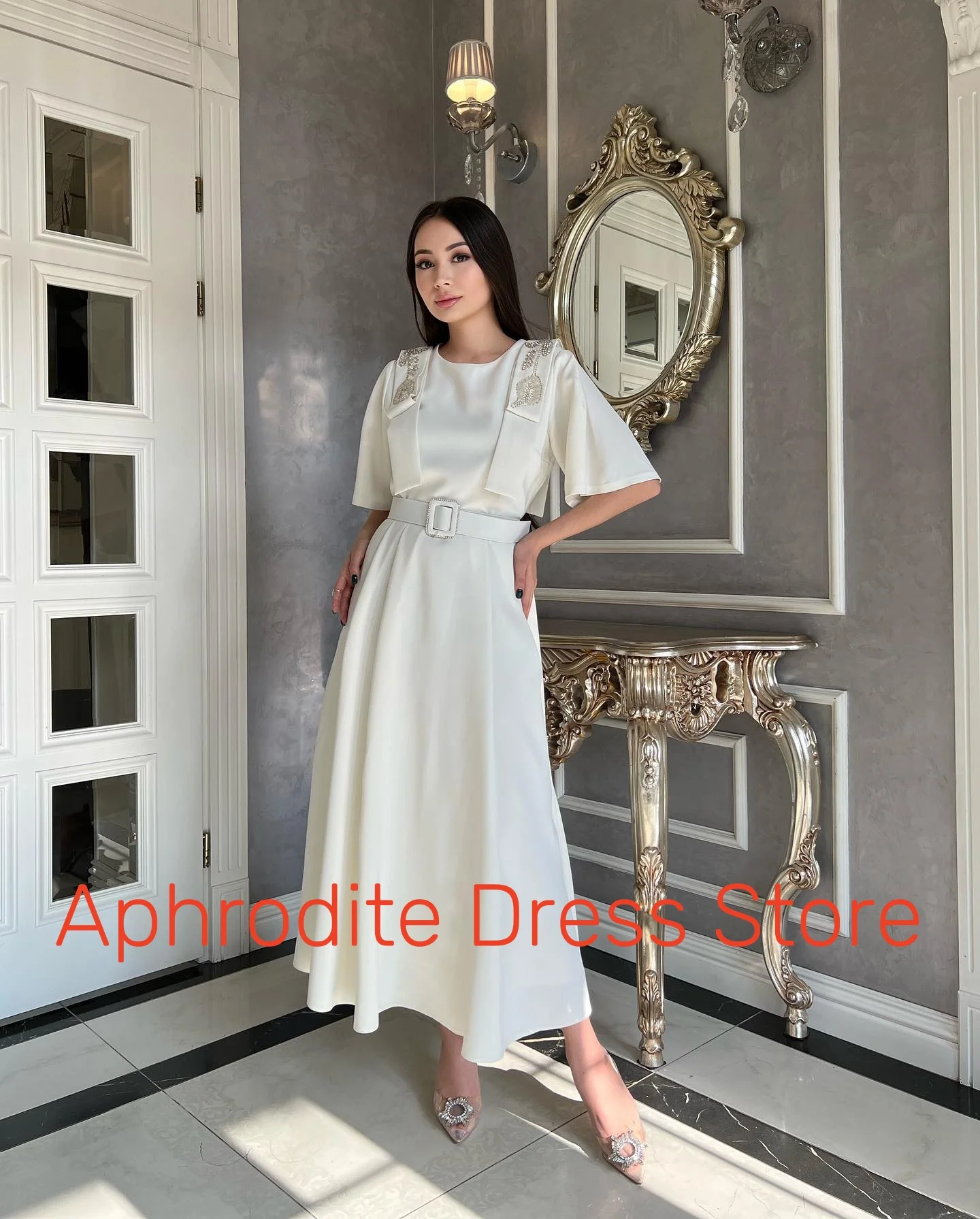 Customized Temperament Jersey Belt Crystal Evening Dresses High Quality Half Sleeves Prom Dress Custom Made Celebrity