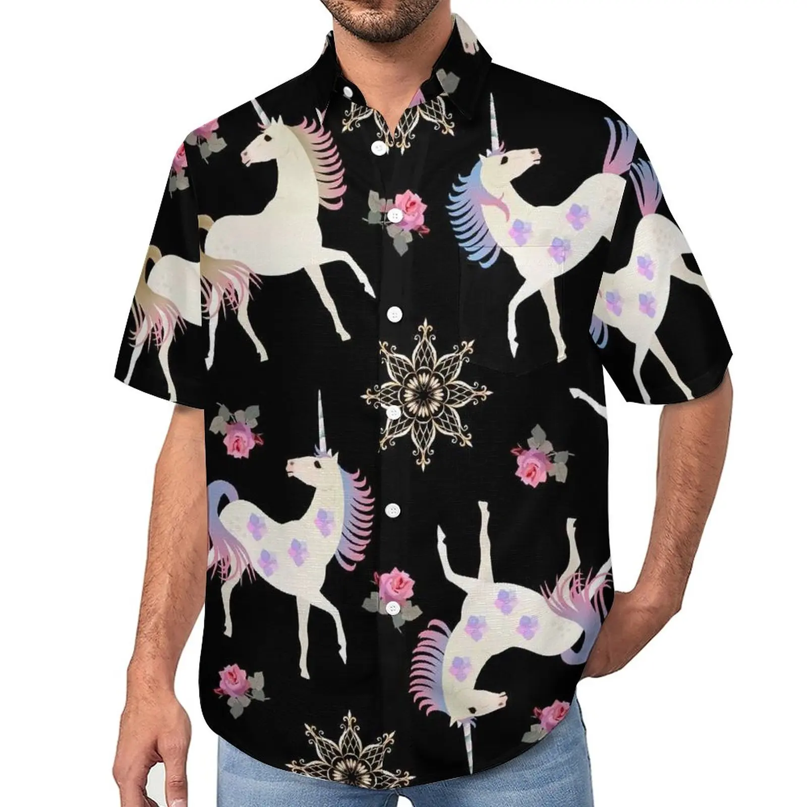 

Cute Unicorn Casual Shirts Pink Floral Print Beach Shirt Hawaiian Funny Blouses Male Print Plus Size