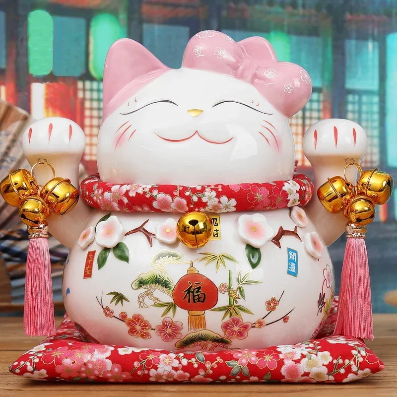 

Japanese Ceramic Maneki Neko Lucky Cat Statue Porcelain Pink Fortune Cat Money Box Auspicious Fengshui Ornament Home Decoration