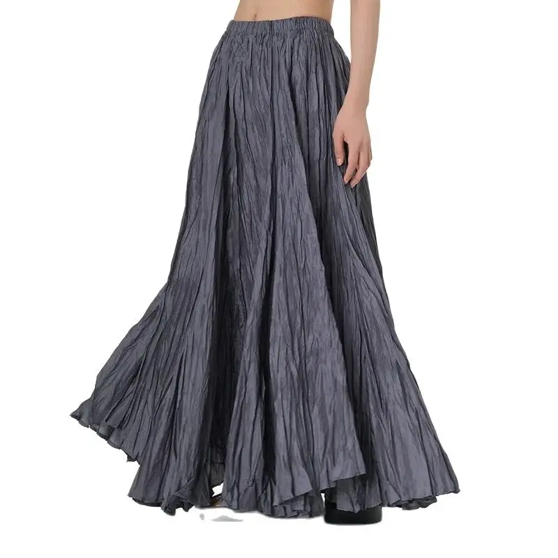 

Elegant Drape Crumpled Skirts Women Summer Elastic Waist Big-Hem Long Skirts Large Size Loose Umbrella Skirts Female Streetwear