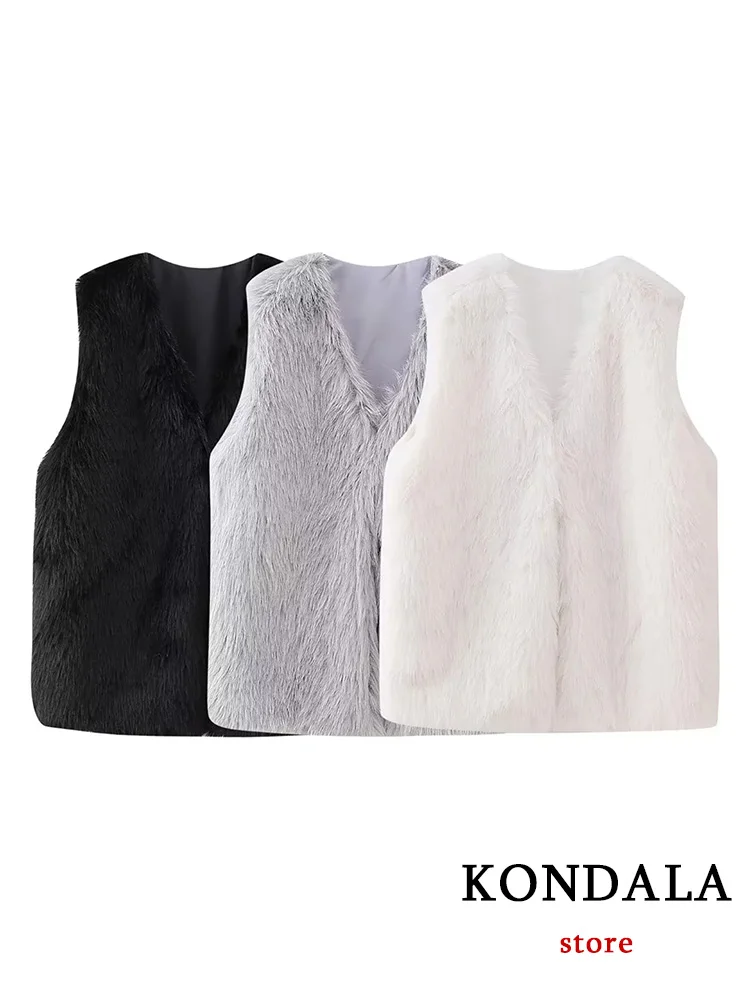 KONDALA Casual Vintage Fur Warm Waistcoats Women V-Neck Sleeveless Straight Jackets Coats New Fashion 2023 Autumn Winter Vest