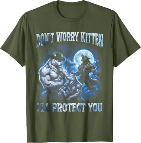Mach dir keine Sorgen, Kätzchen, ich werde dich beschützen. Cooles Alpha Wolf Brainrot T-Shirt Y2k 3 Wölfe am Mond Ästhetische Kleidung Witziger Spruch Tee – Detail 3