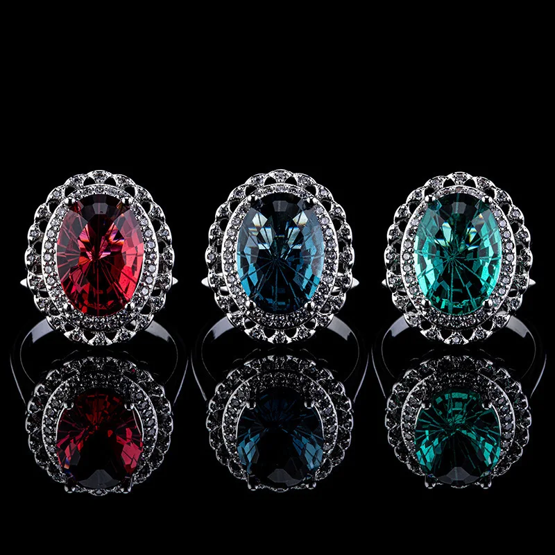 خاتم عصري راقي من الفضة عيار 925 مرصع بالألماس والأحجار الكريمة الخضراء للنساء هدايا مجوهرات الزفاف على شكل زهرة حمراء وزرقاء بيضاوية #1