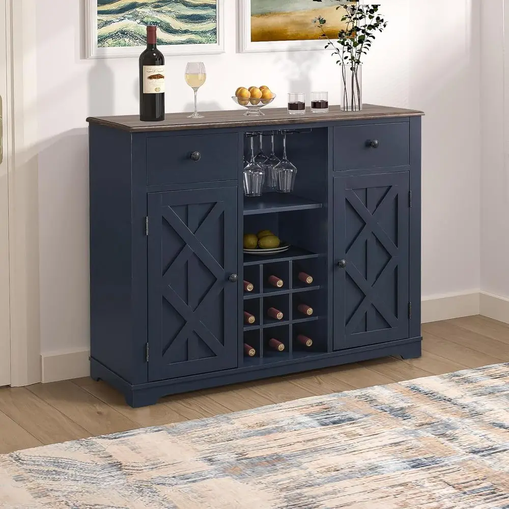 Navy Blue 47 Wine Cabinet with Rack & Lattice, Multifunctional Sideboard for Kitchen and Dining