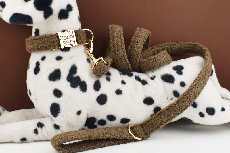 Teddy-Samt-Hundehalsband und Leinen-Set für kleine, mittelgroße und große Hunde, individuell graviertes Namensschild, Haustierzubehör, Hundeleine – Detail 4