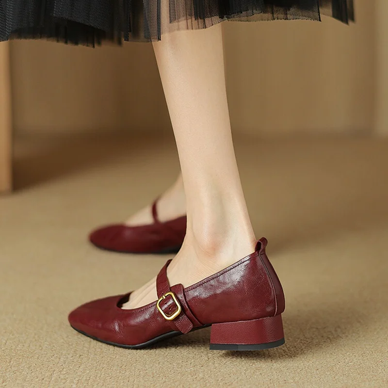 NEW Spring/Autumn Women Pumps Genuine Leather Shoes for Women Round Toe Chunky Heel Shoes Concise Metal Buckle Mary Jane Shoes