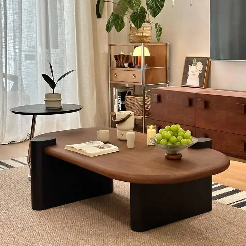 Living room household oval coffee table combination balcony tea table medium ancient wood light luxury