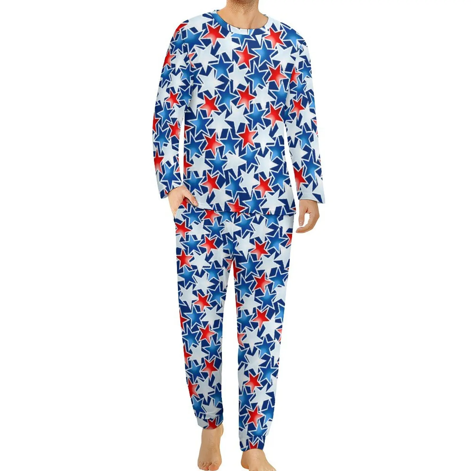 Red White And Blue Star Pajamas Spring Abstract Stars Print Room Nightwear Man 2 Pieces Graphic Long Sleeve Big Size Pajama Sets