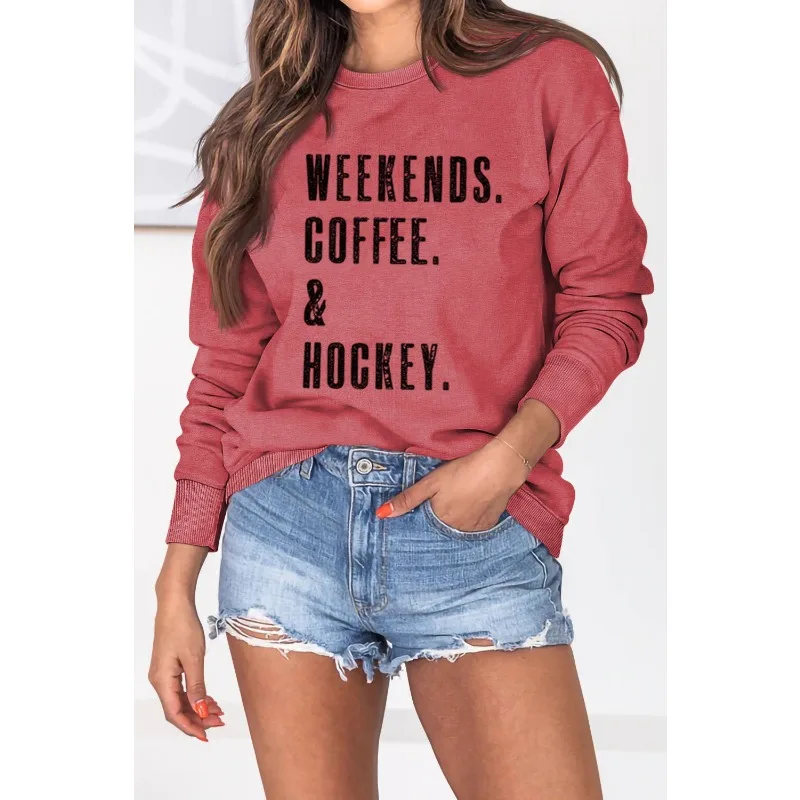 WEEKENDS COFFEE Letters Printed Round Neck Casual Round Neck Long Sleeve Hoodie Woman Sweatshirt  Streetwear Women