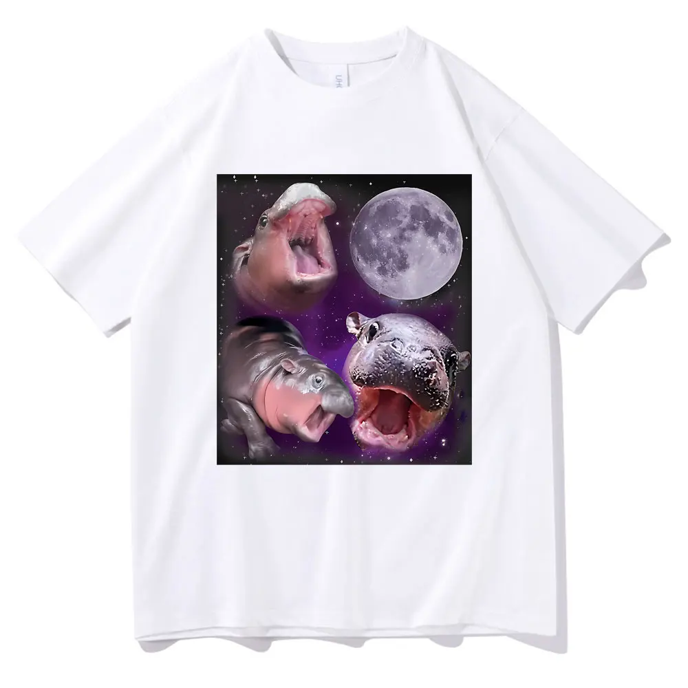 Three Hippo Moo Deng Roared At The Moon Funny Meme T Shirts Male Oversized Tshirt Short Sleeve Men Women Cotton Casual T-shirts