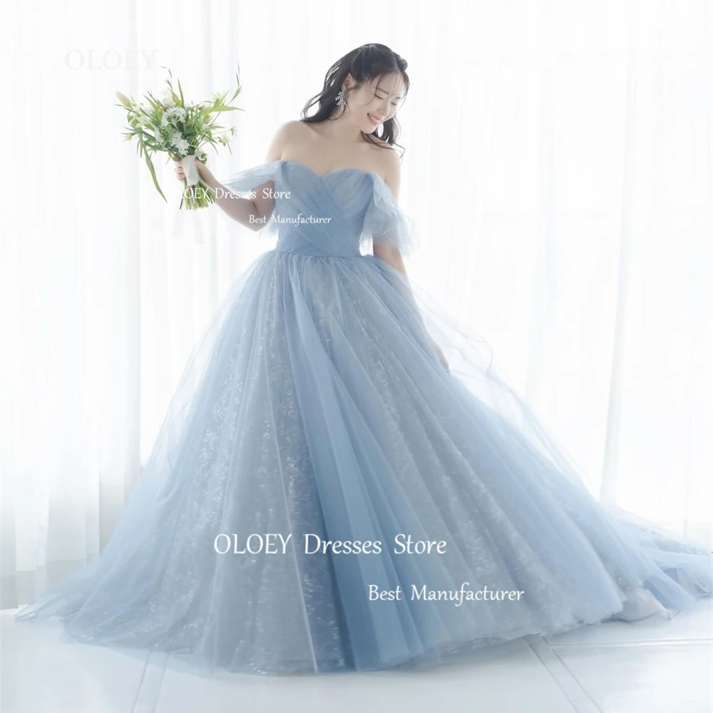 OLOEY Dusty Blue Glitter Prom Dresses Wedding Photoshoot Pastrol Sweetheart Silky Organza Floor Length Perform Dresses Custom