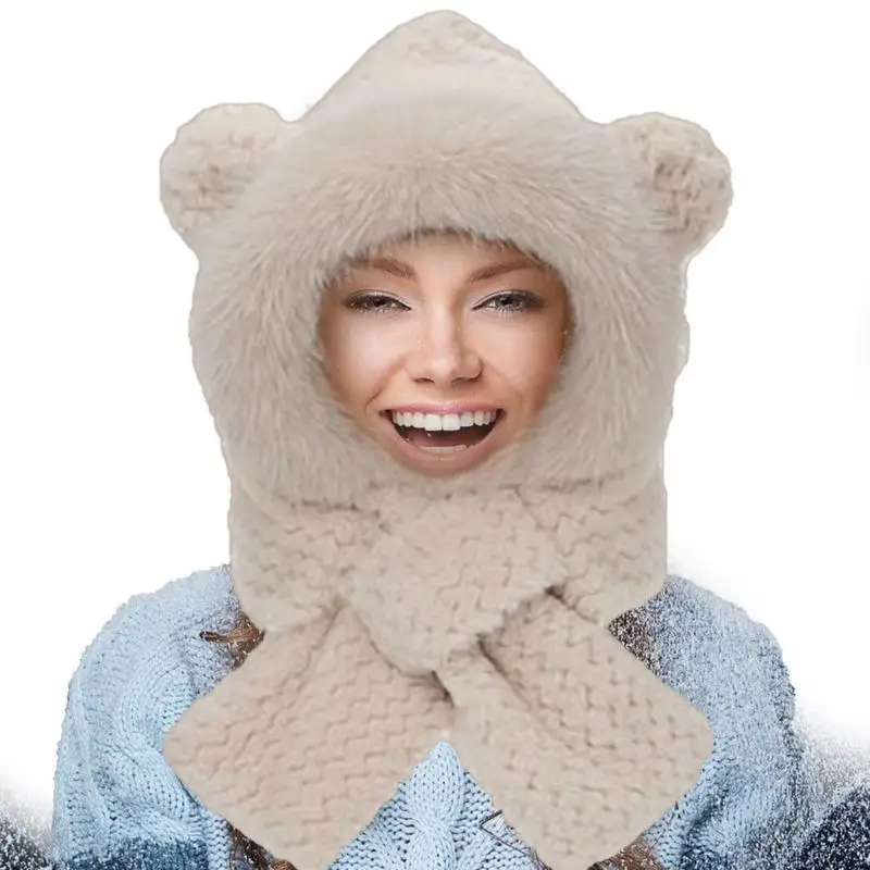 Bear Ears Hat Cute Winter Hat Bunny Ear Hat Warm Bear Scarf Plush Hat Bear Costume Bear Hood For Kids Women Young People Elderly