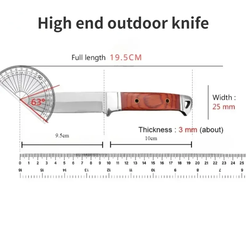 Outdoor mahogany handle pocket knife, high hardness 5CR13 stainless steel straight knife with sheath, camping EDC survival knife