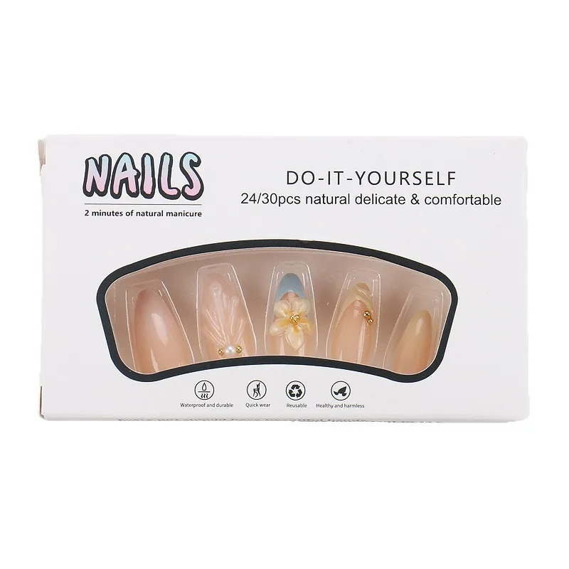 

Wearing armor Pure handmade prefabricated fake nails 24 pieces French white edge three-dimensional engraved nail art pieces