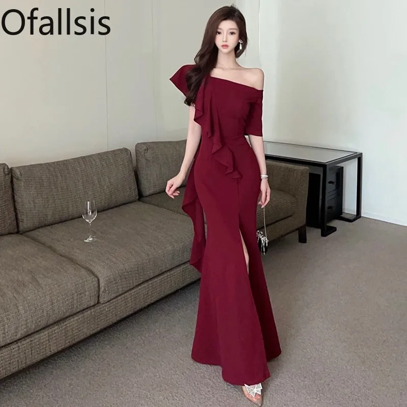 Ofallsis High End Ruffled Edge Sloping Shoulder Banquet Dress 2024 Socialite High Waist Sexy Temperament Slimming Long Dresses