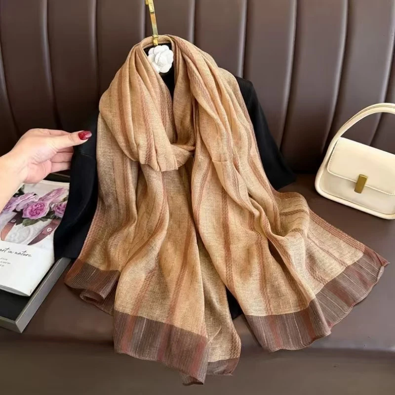 

Новый женский шарф из имитации шелка в полоску, тонкий, весенне-осенний, высококачественный, универсальный, согревающий, декоративный