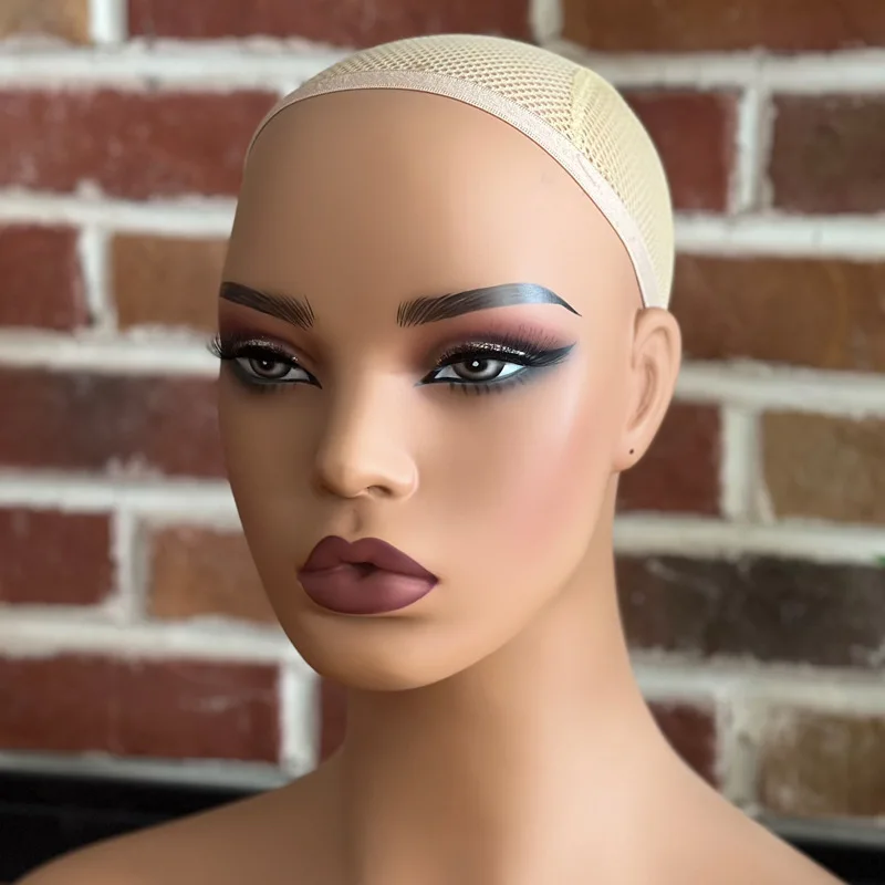رأس عارضة أزياء أنثى مع كتف مزدوج، شعر مستعار، إكسسوارات ودعامة عرض القبعة، رأس عارضة أزياء لعرض النافذة #6
