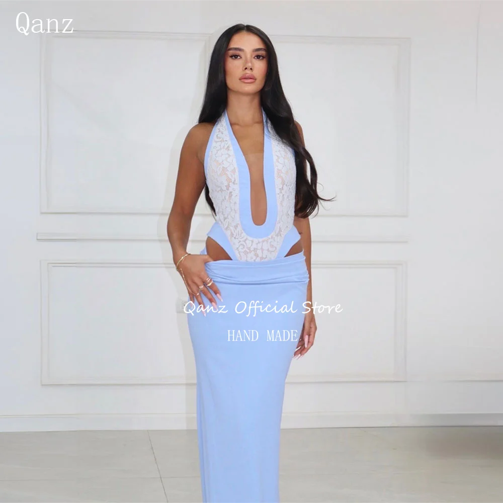 

Qanz Sexy Blue Mermaid Prom Dresses Deep V Neck Sleevelss Evening Dress Women White Lace Vestidos De Fiesta Elegantes Customized