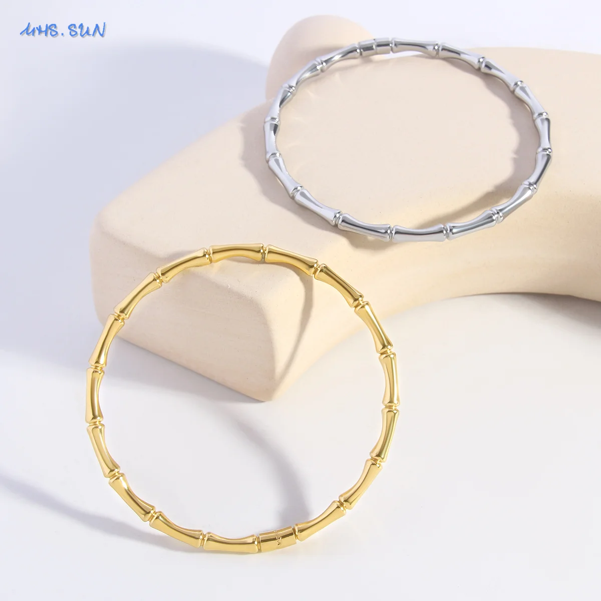 MHS.SUN Fashion bracciale in bambù in acciaio inossidabile Color oro argento impermeabile per donna uomo bracciale con polsino quotidiano gioielli