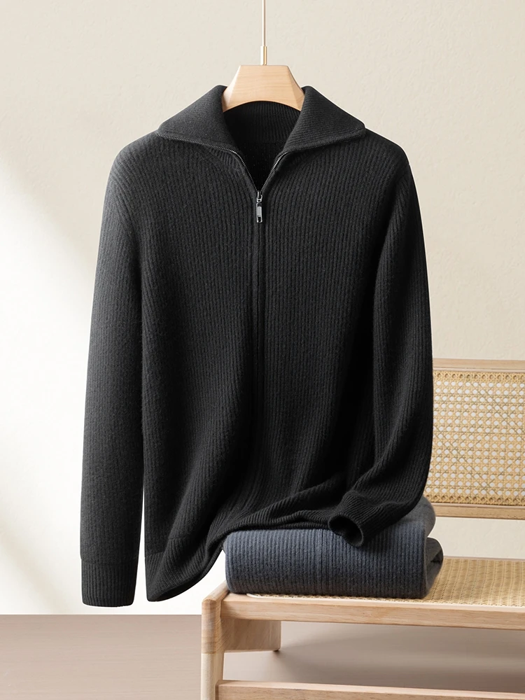 

Thickened zipper cardigan for men 100% pure cashmere sweater for autumn and winter knitted lapel loose thick sweater jacket