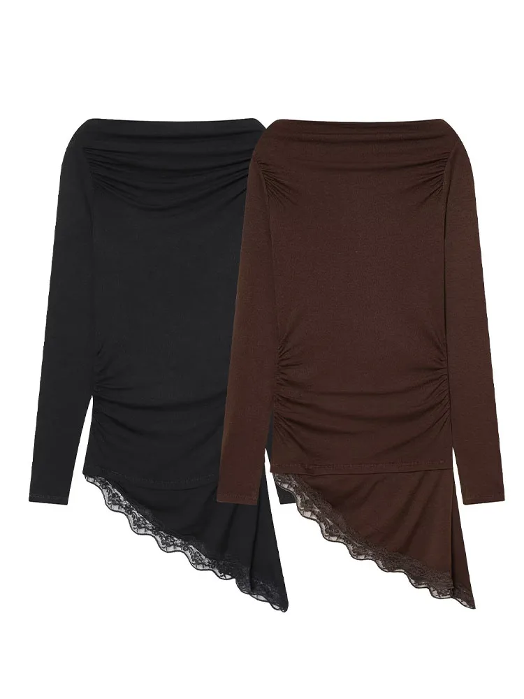 

HH Woman Spring Fashion Boat Collar Long Sleeves Asymmetrical Hem Folds Lace Decoration T-shirt Female Elegant Chic Casual Tops