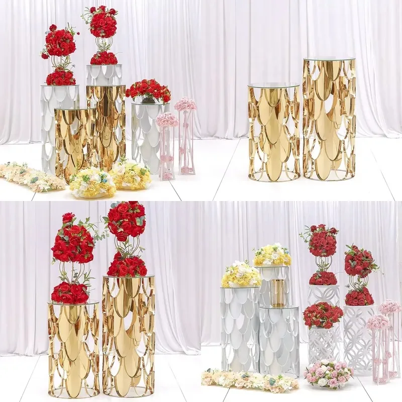 Modern Luxury Stainless Steel Fish Scale Cake Stand Gold White Metal Base for Wedding Party Dessert Display
