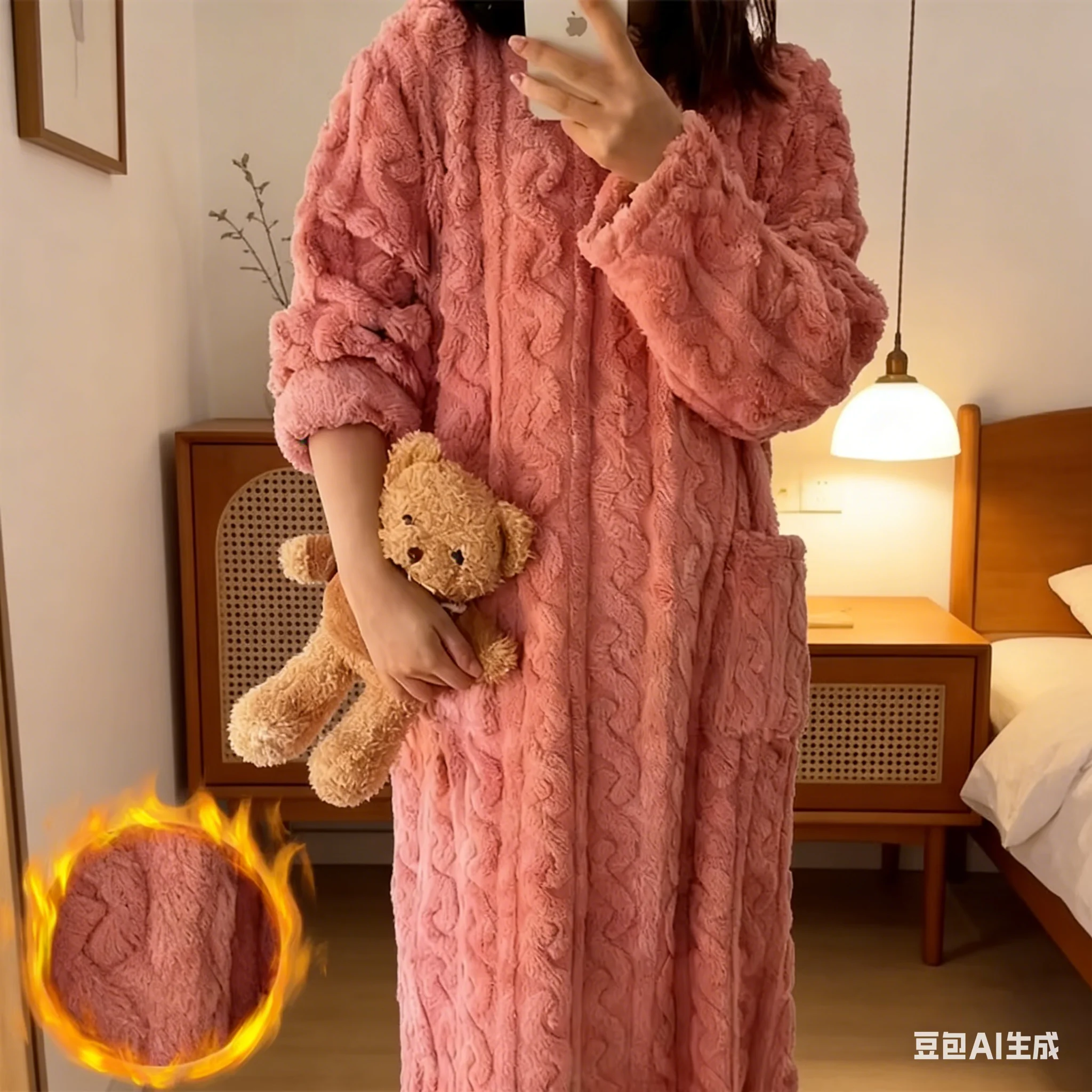 

Women Bathrobe Coral Fleece Padded Thickened Warm Plus Size Homewear Pajama Dress for Winter College Home