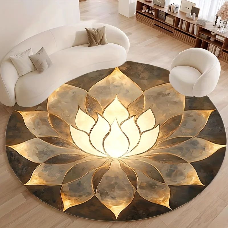 Round Golden Lotus Meditation Area Rug, Zen Mandala Yoga Floor Mat, Unique Spiritual Home Decor Including Non-Slip Backing