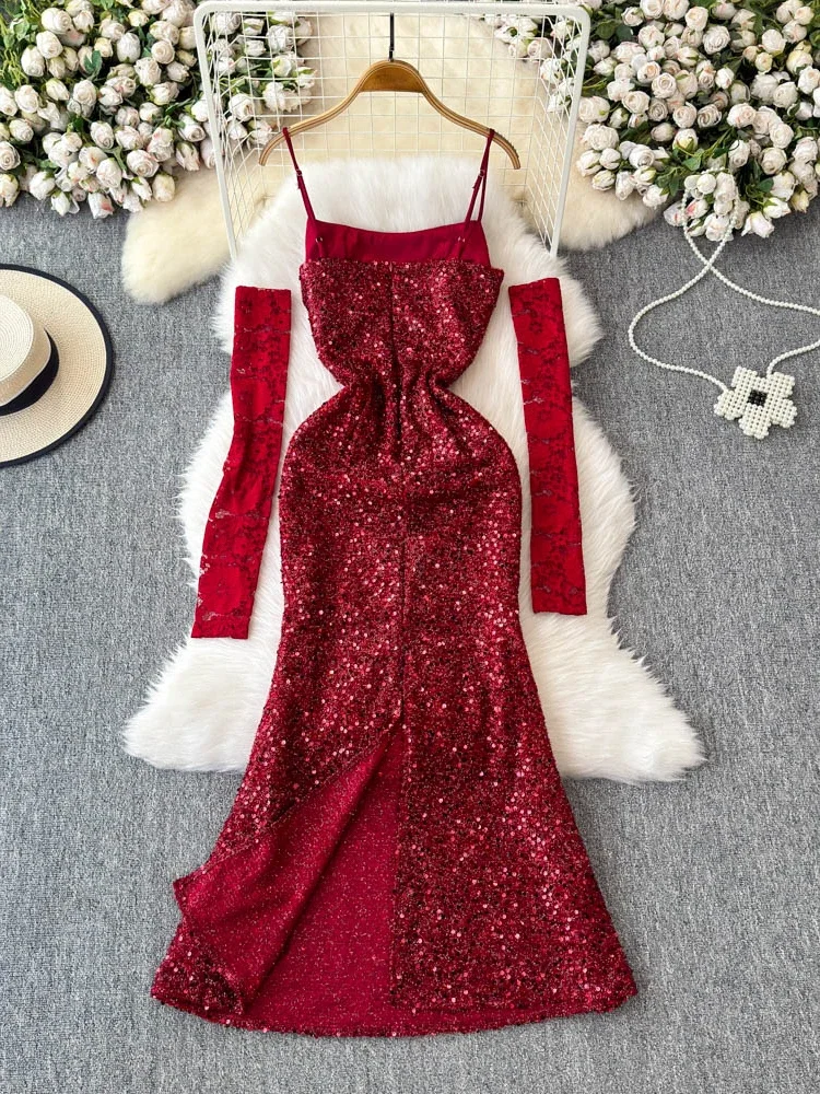 Sexy Red Sequined Suspender Dress Female High-end Birthday Dress Hip Fishtail Dress 2025 New Long Dresses for Women