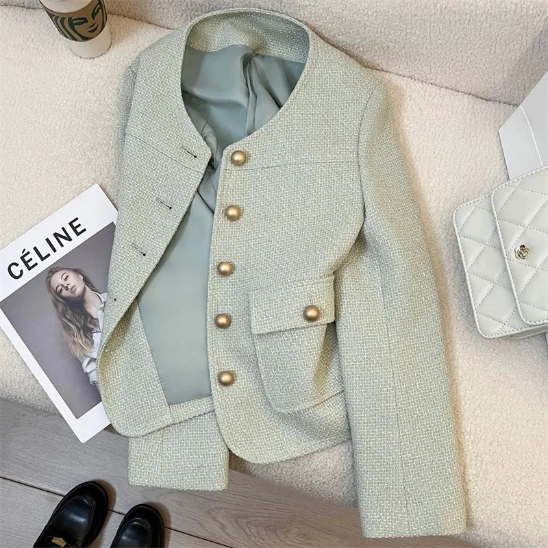 

High-Quality Coat Women's New Turquoise Fashion Outwear Spring Autumn 2024Small Fragrance Suit Jacket Feminine Korean Blazer Top