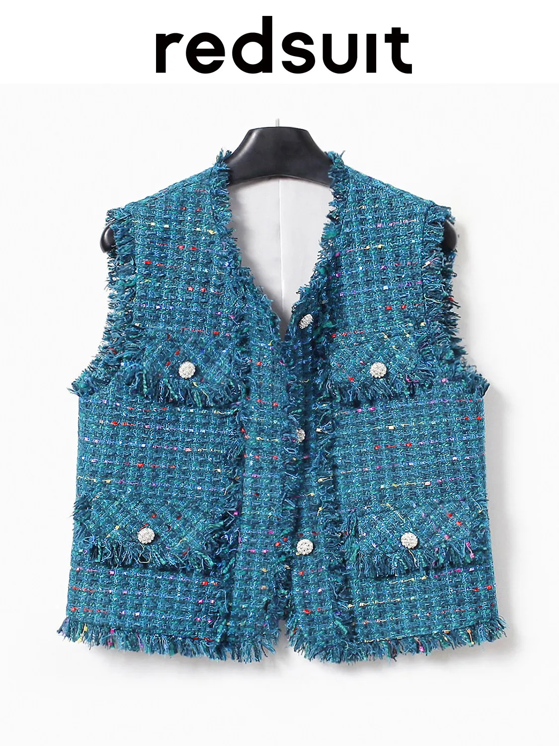 New Tassel round neck pearl diamond buckle bright grid pattern coarse floral fringe white vest Custom size