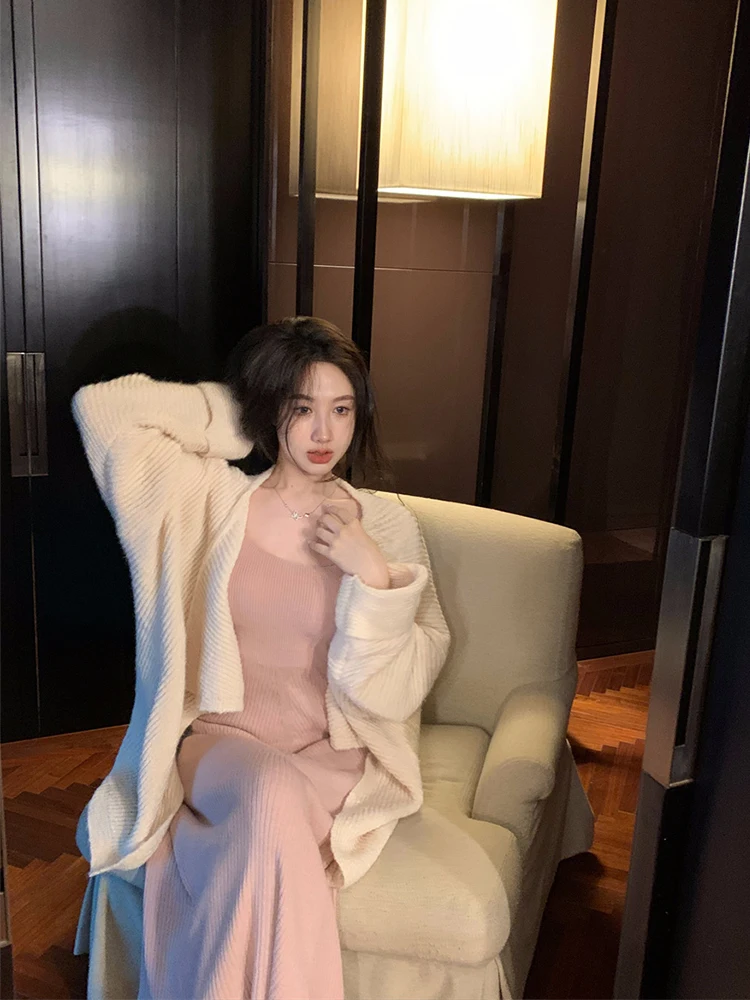 plus Size Women's Lazy Style Casual Long Knitted Sweater Overcoat Early Autumn Knitted Tube Top Wrap Hip Long Skirt