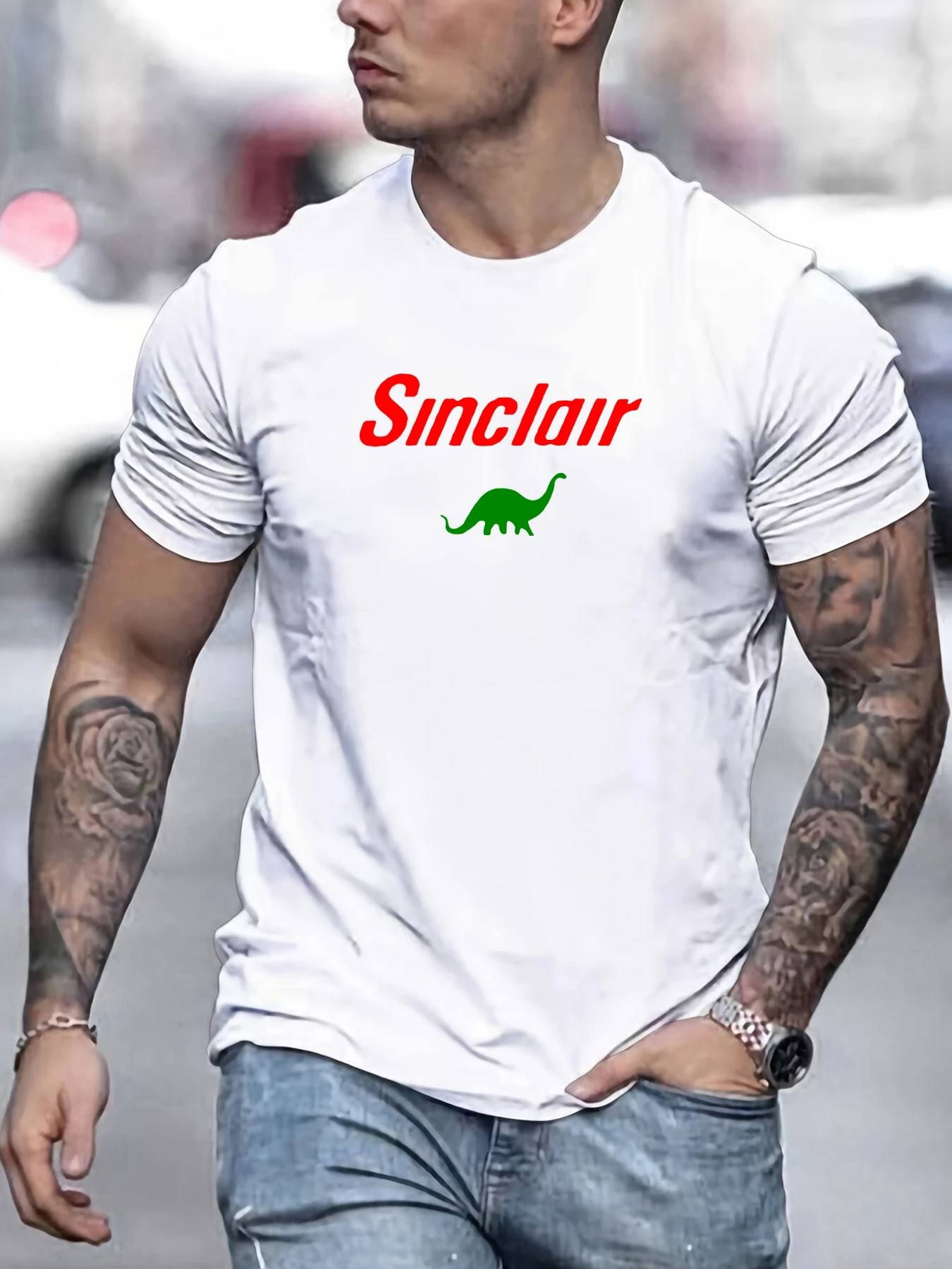 

Men's Pure Cotton T-Shirt Short Sleeve Crew Neck with Sinclair & Dinosaur Graphic Cool Lightweight Comfortable Summer Tee