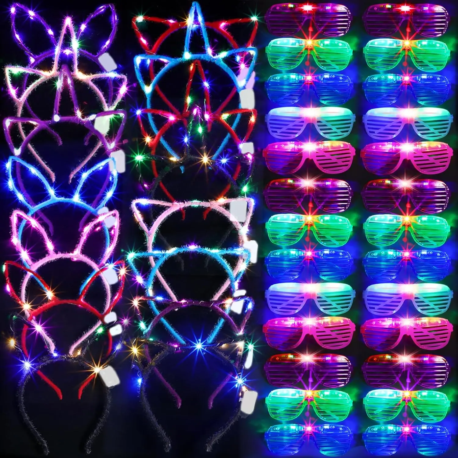 

15 шт. светодиодных очков с подсветкой, 15 шт. милых светодиодных повязок на голову с кошачьими ушками, светящиеся в темноте солнцезащитные очки для вечеринок (короткий ворс)